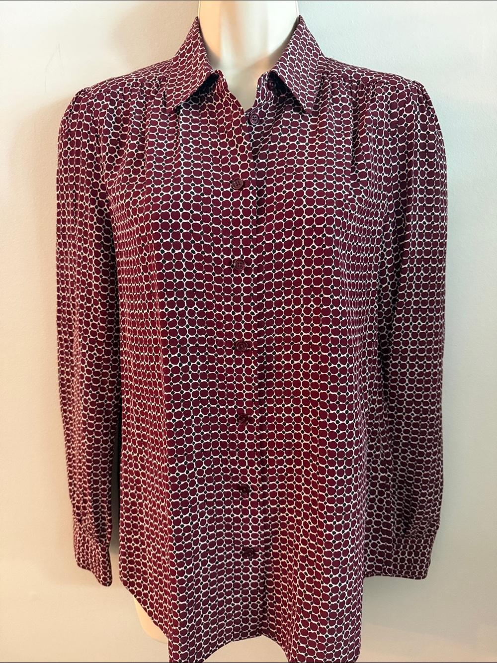 kate spade Silk Burgundy and White Geometric Button-Down Shirt